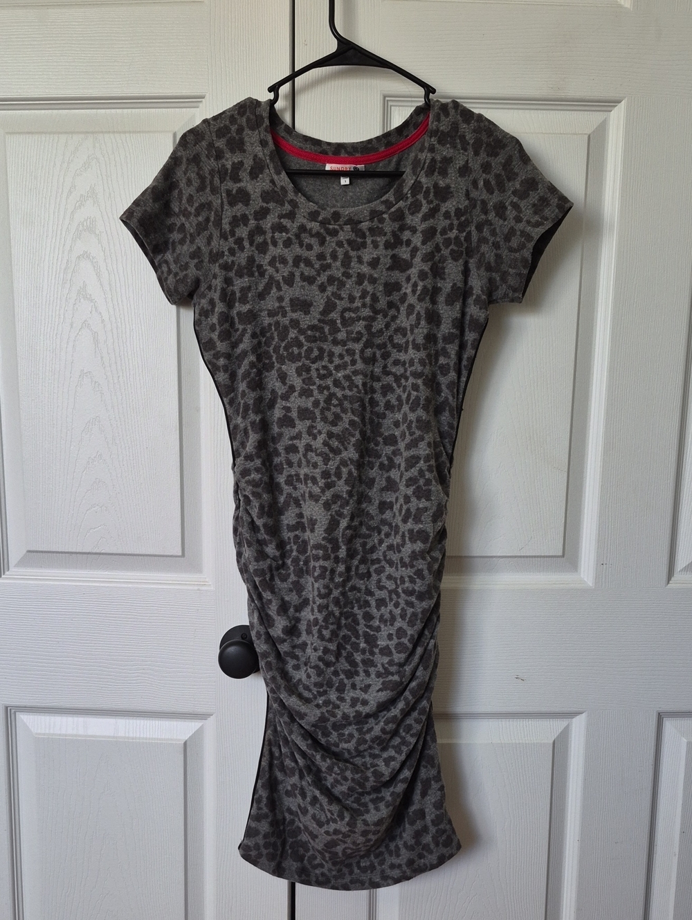 Sundry Gray Leopard Scoop Neck Ruched Tunic Dress